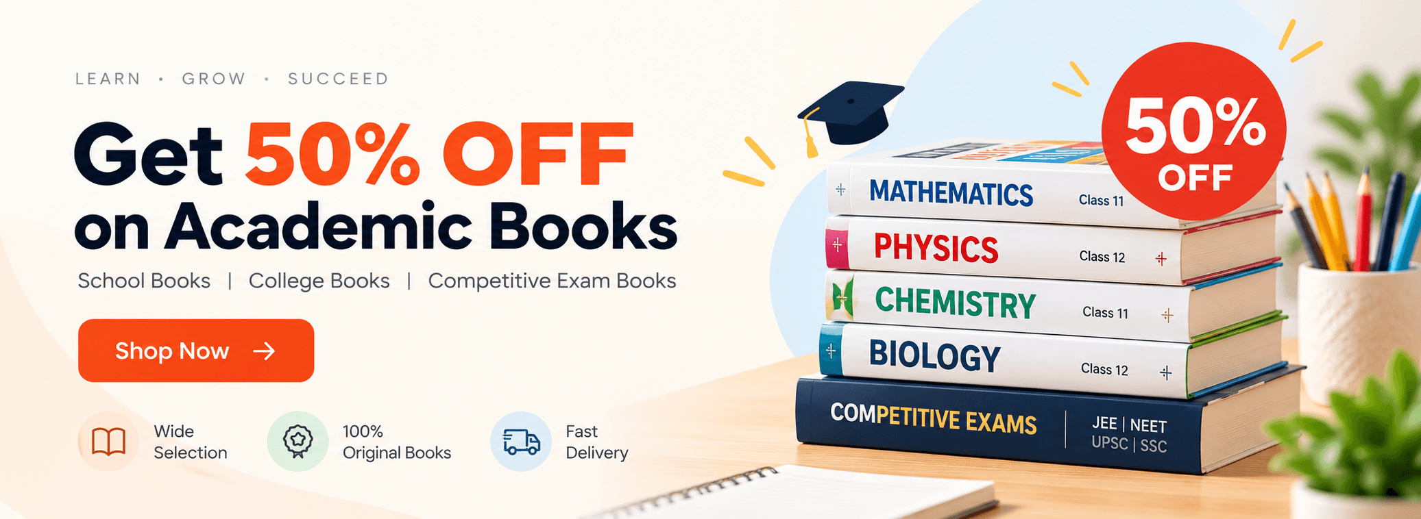 Get 50% off on academic books — school, college and competitive exam titles